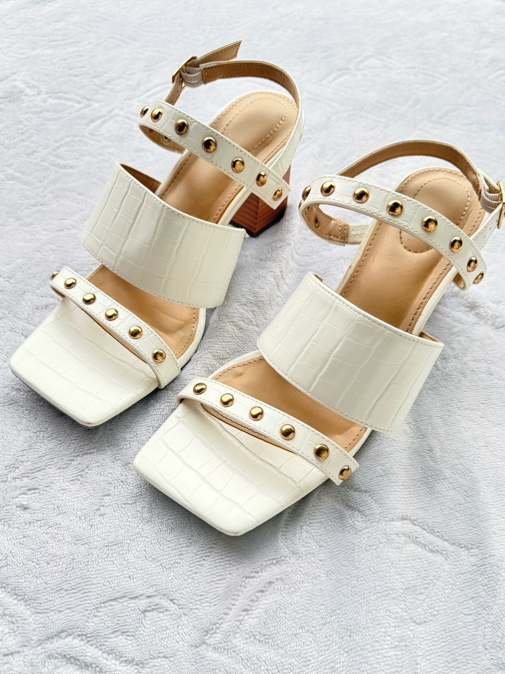White Croc-Embossed Studded Block Heel Sandals